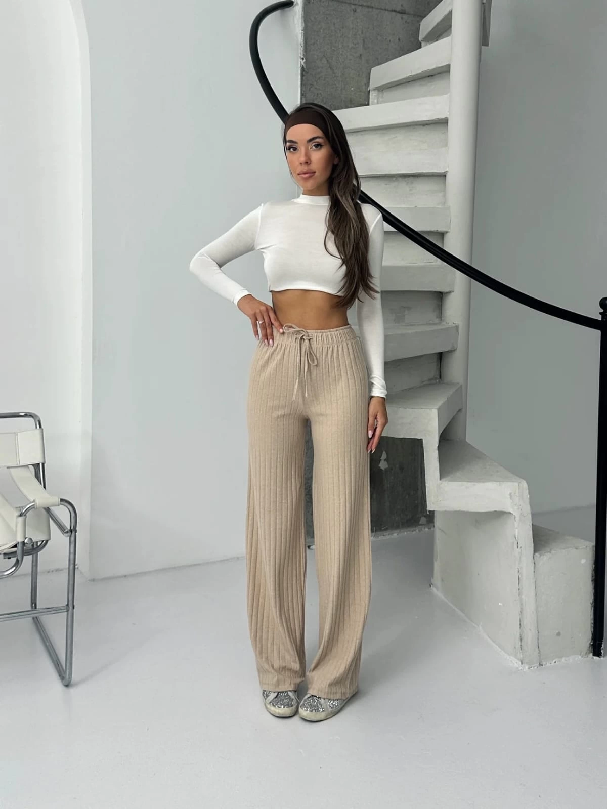 Fitilli şardonlu pantolon bej a4058 - Lisinya