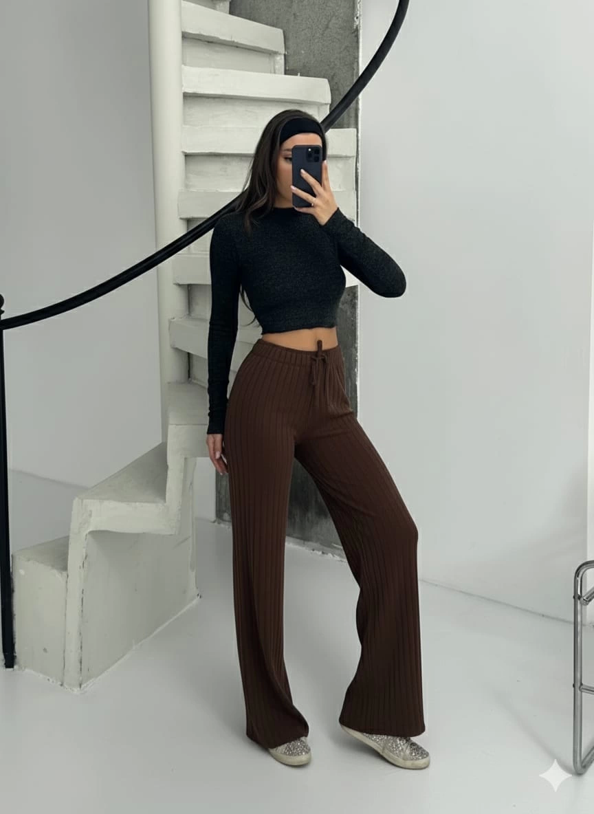 Fitilli şardonlu pantolon kahve a4058 - Lisinya