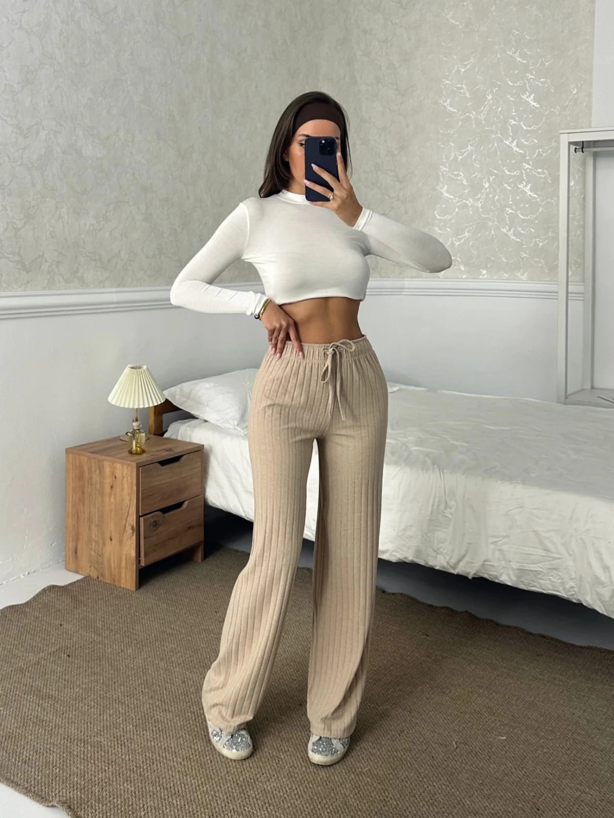 Fitilli şardonlu pantolon bej a4058 - Lisinya