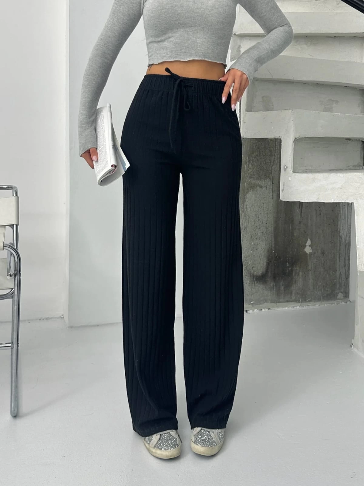 Fitilli şardonlu pantolon siyah a4058 - Lisinya