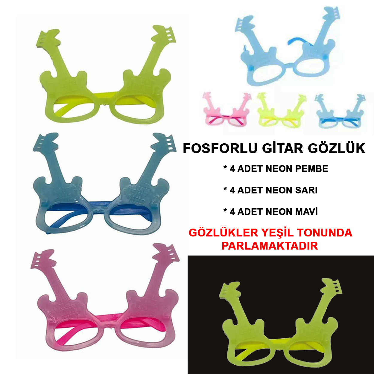 Fosforlu Gitar Model Glow Parti Gözlüğü Karanlıkta Yanan Gözlükler 12 Adet (Lisinya)