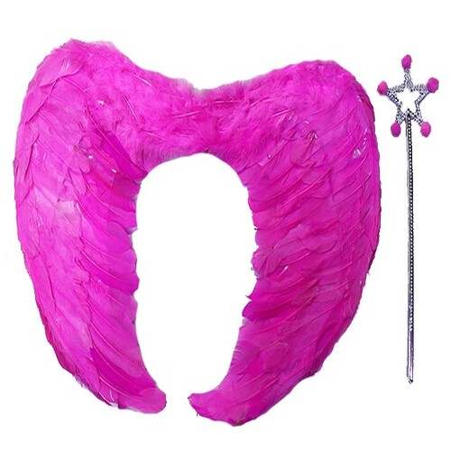 Gerçek Tüylü Katlanabilir Çocuk Pembe Melek Kanadı ve Asa Seti 40x55 cm (Lisinya)