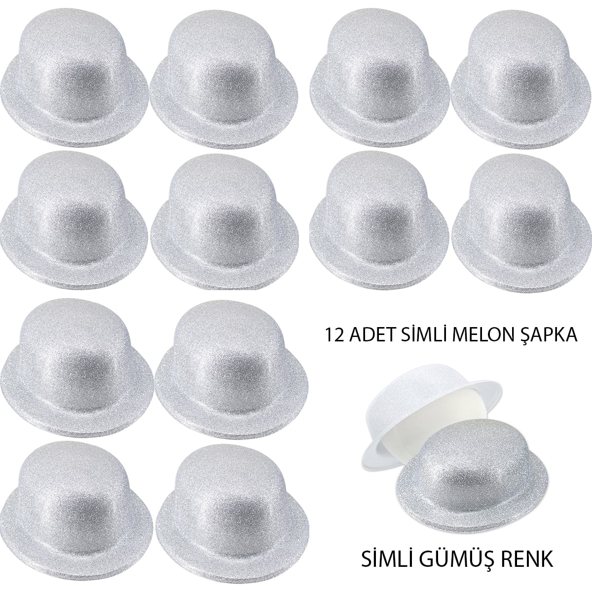 Gümüş Renk Simli Melon Yuvarlak Parti Şapkası 12 Adet (Lisinya) Gümüş Renk Simli Melon Yuvarlak Parti Şapkası 12 Adet (Lisinya)