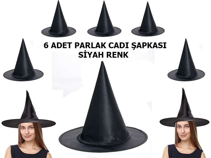 Halloween Siyah Renk Parlak Drn Cadı Şapkası Yetişkin ve Çocuk Uyumlu 6 Adet