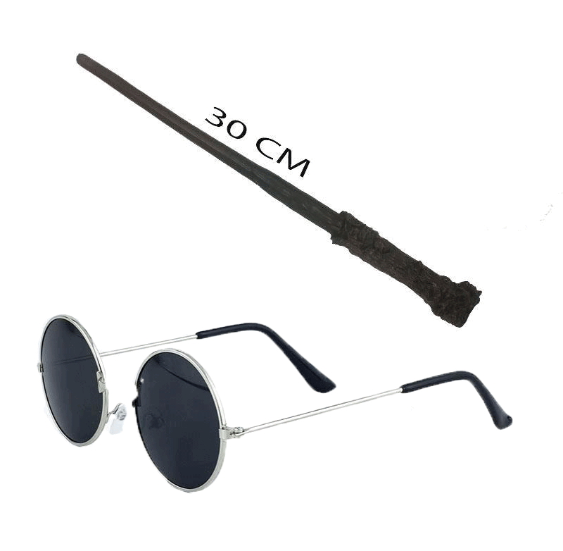 Harry Potter Asası 30 cm ve Siyah Metal Çerçeveli Harry Potter Gözlüğü Seti (Lisinya)