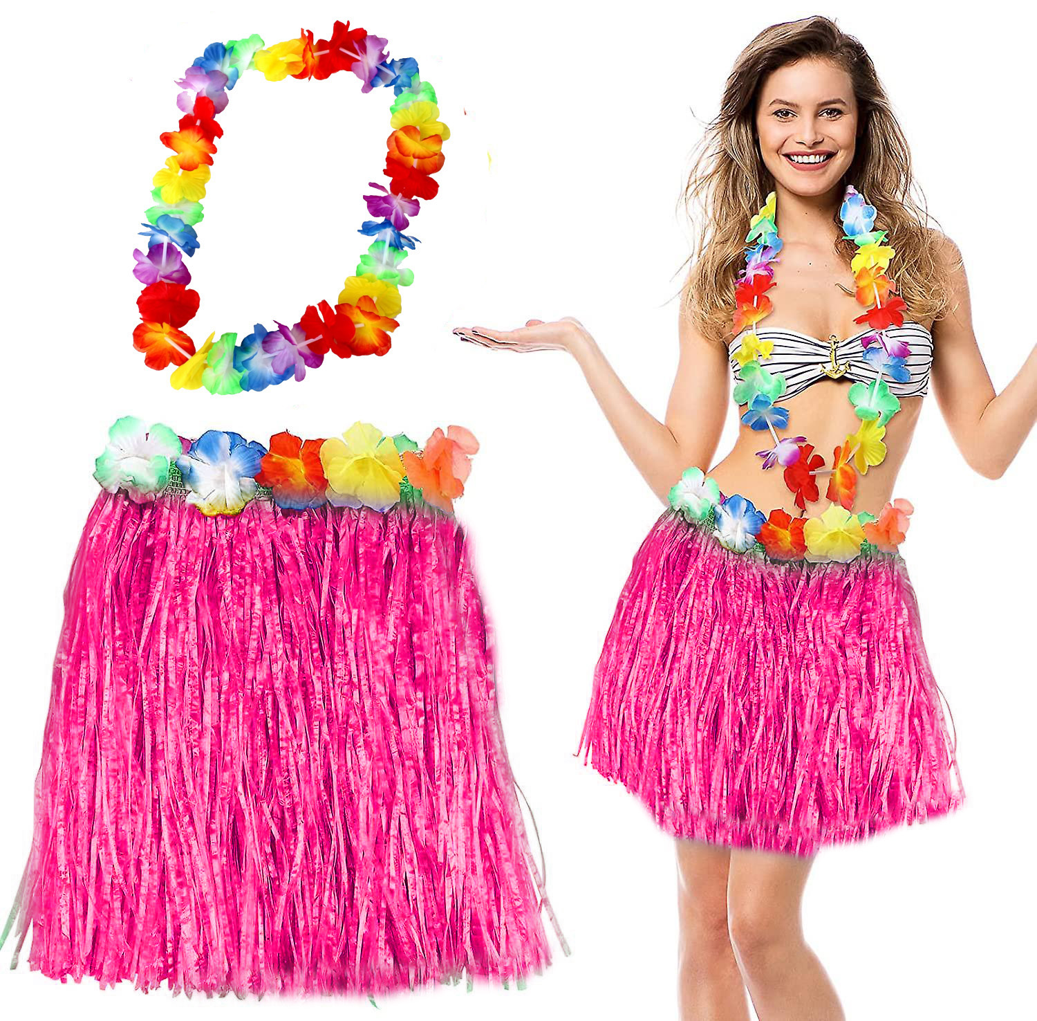 Hawaii Luau ha Pembe Püsküllü 40 cm Etek ve Hawaii Kolye Seti Hawaii Luau Aloha Pembe Püsküllü 40 cm Etek ve Hawaii Kolye Seti (Lisinya)