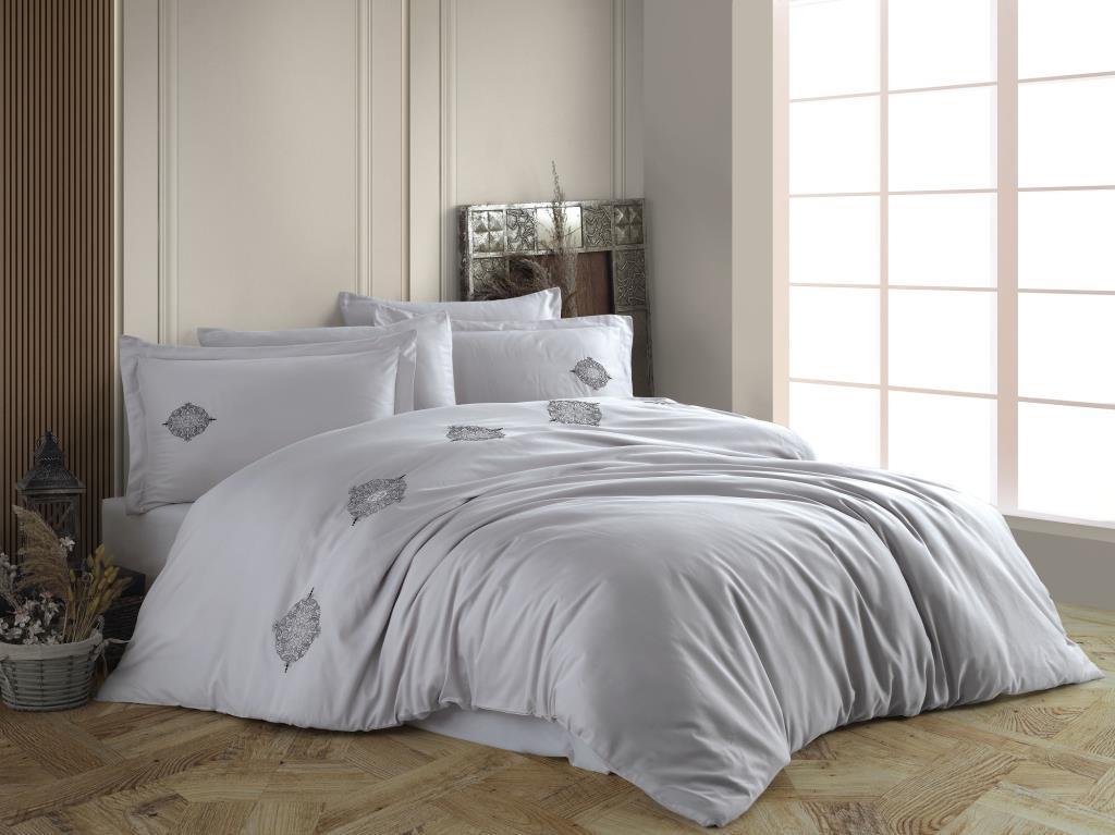 Çift Kişilik Poplin Premium Nakışlı Nevresim Azra Gri
