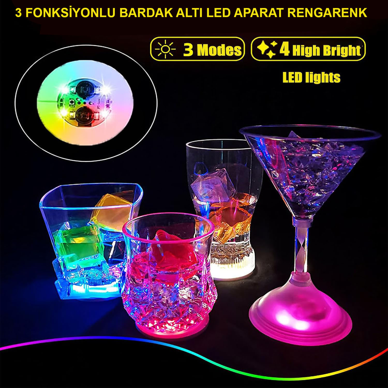 Işıklı Yapışkanlı Bardak Altı Aparatı Ledli 3 Fonksiyonlu 6 cm Çap Işıklı Yapışkanlı Bardak Altı Aparatı Ledli 3 Fonksiyonlu 6 cm Çap