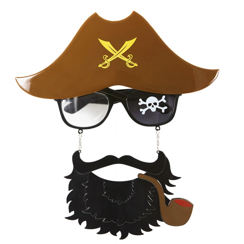 Kahve Renk Şapkalı Siyah Sakallı Pipolu Jack Sparrow Denizci Korsan Gözlüğü 24x25 cm (Lisinya)
