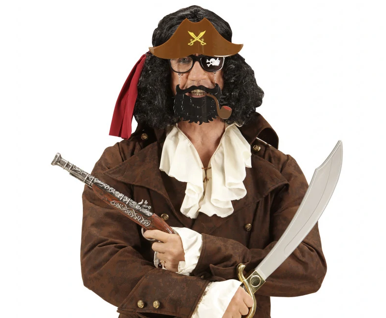 Kahve Renk Şapkalı Siyah Sakallı Pipolu Jack Sparrow Denizci Korsan Gözlüğü 24x25 cm (Lisinya)