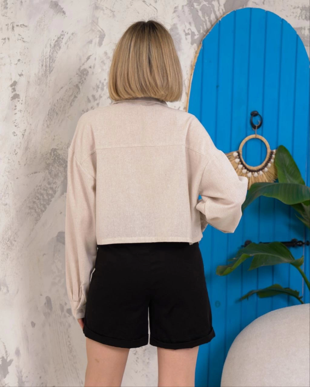 Kemer cepli keten crop gömlek krem s255350 - Lisinya