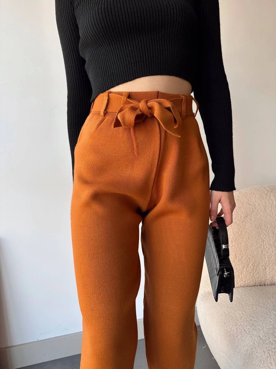 Kendinden kemerli triko pantolon camel - Lisinya