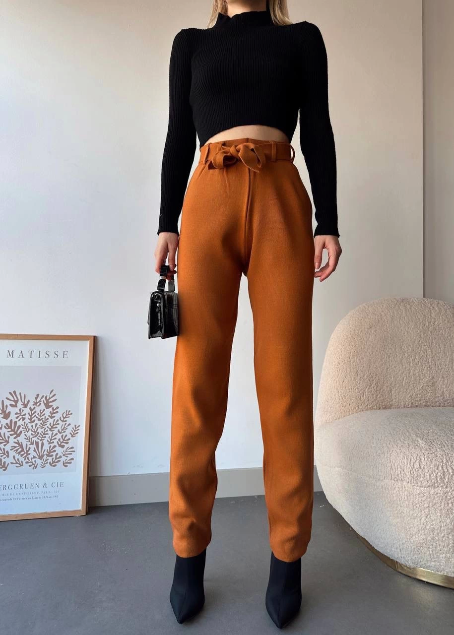 Kendinden kemerli triko pantolon camel - Lisinya