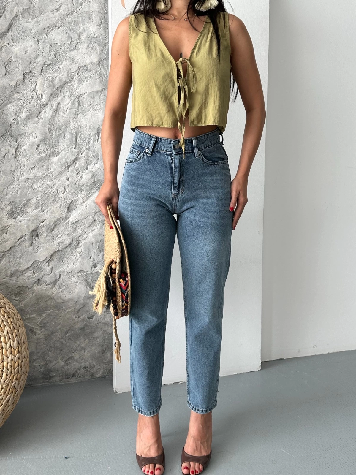 Mom fit bıyık kar yıkama jeans pantolon koyu mavi d2006 - Lisinya