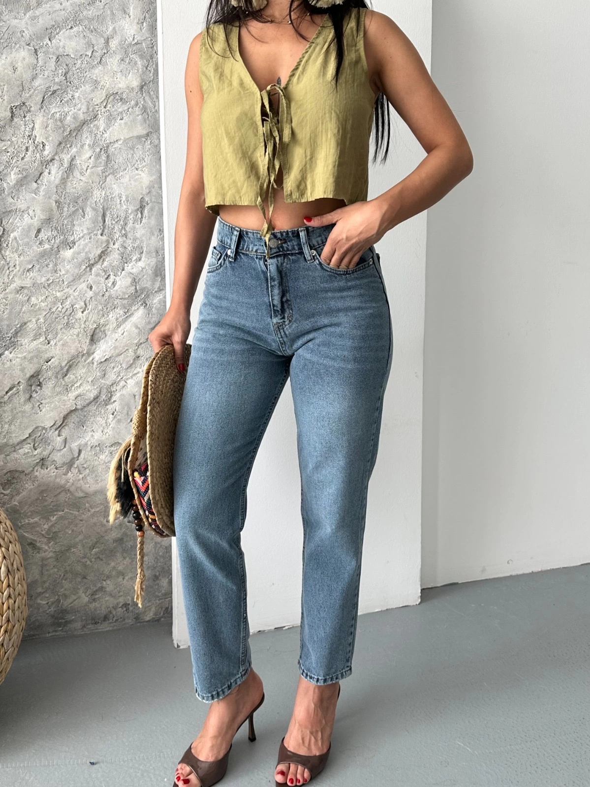Mom fit bıyık kar yıkama jeans pantolon koyu mavi d2006 - Lisinya