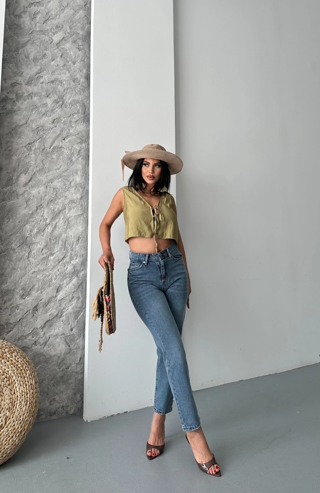Mom fit bıyık kar yıkama jeans pantolon koyu mavi d2006 - Lisinya