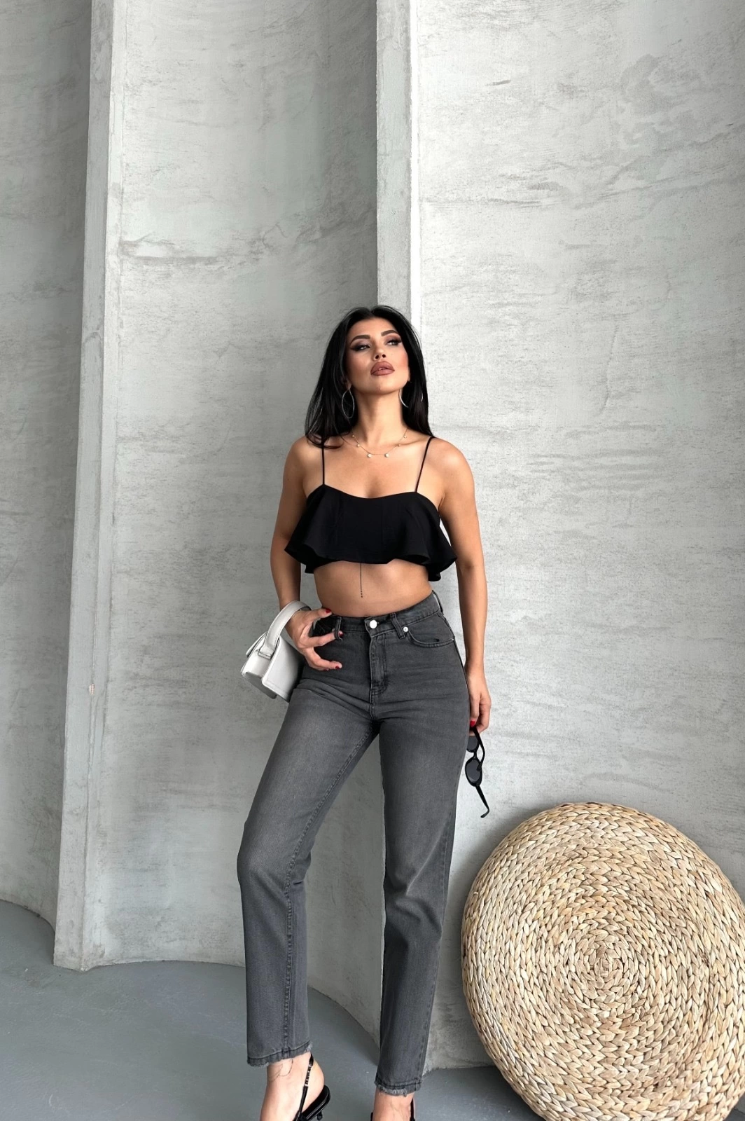 Mom fit enzim taş yıkama jeans pantolon füme d2006 - Lisinya