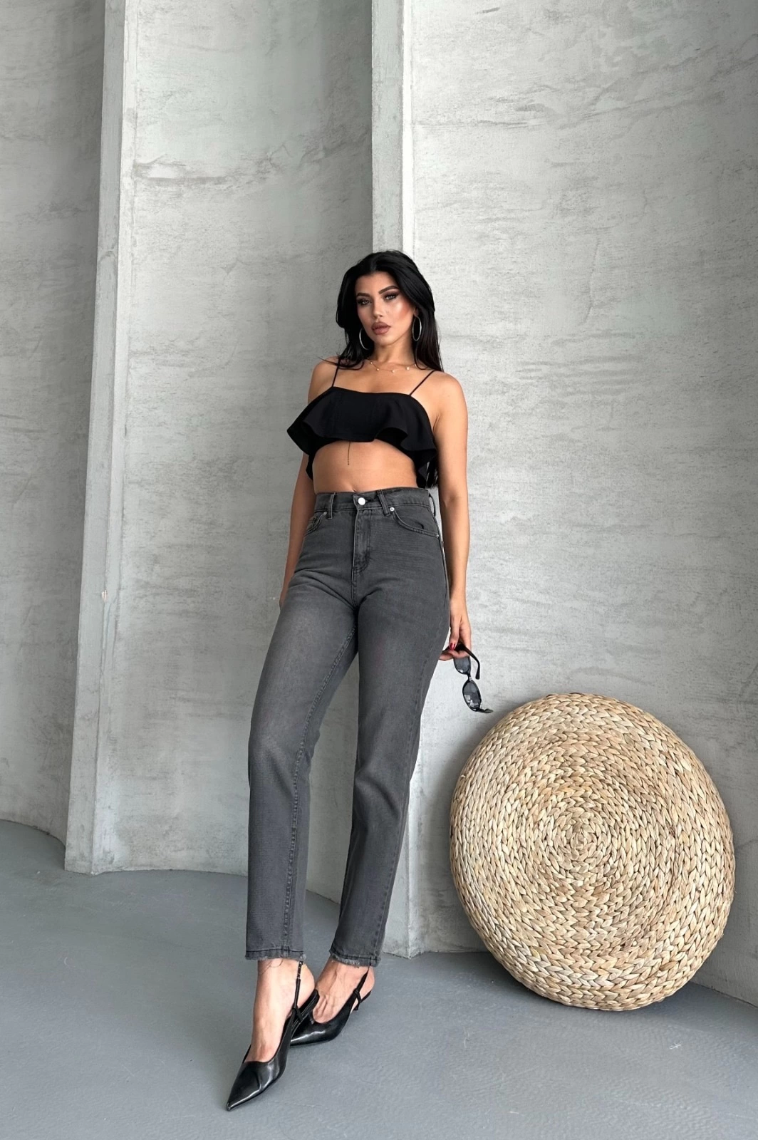 Mom fit enzim taş yıkama jeans pantolon füme d2006 - Lisinya