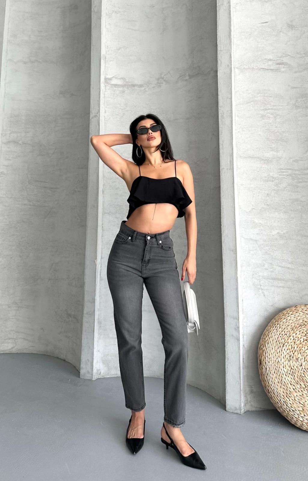 Mom fit enzim taş yıkama jeans pantolon füme d2006 - Lisinya