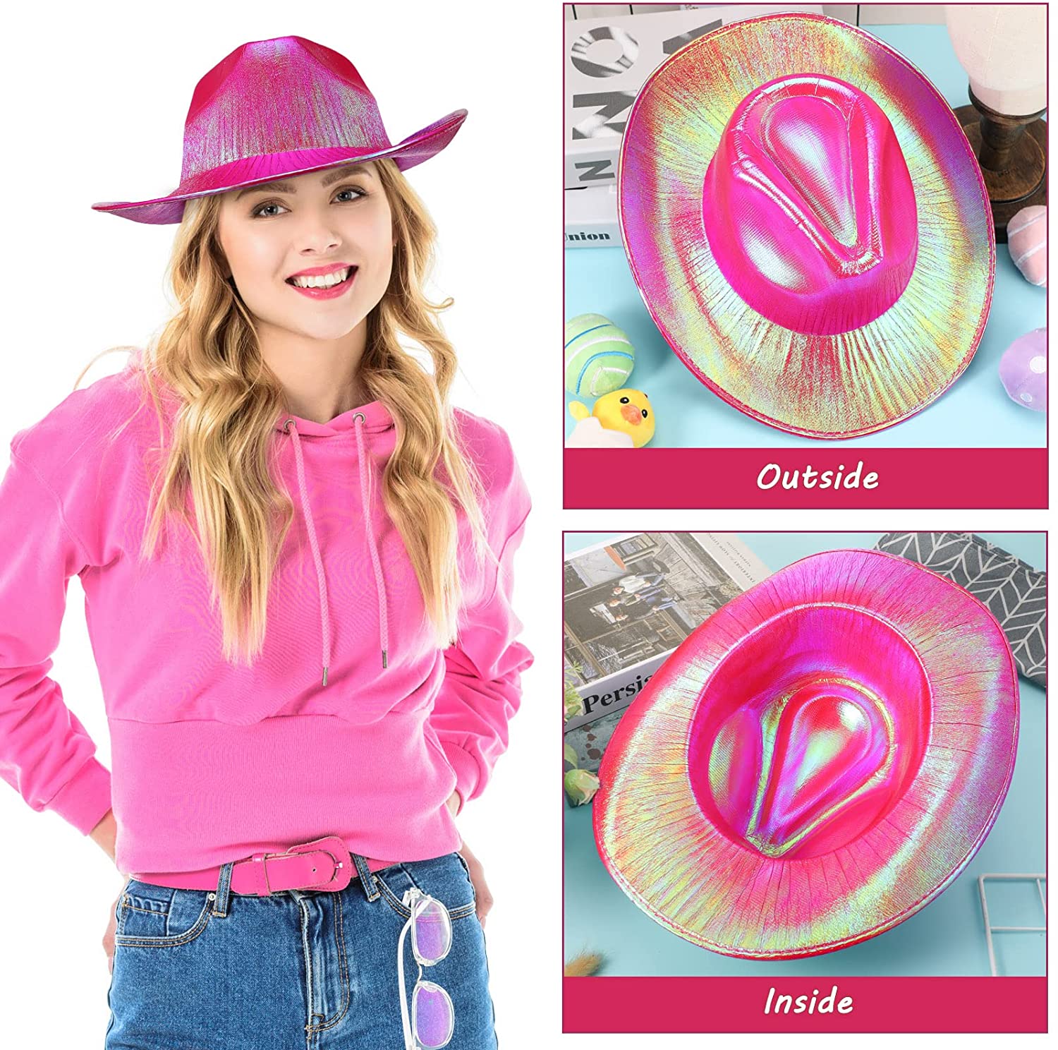 Neon Hologramlı Kovboy Model Parti Şapkası Fuşya Yetişkin 39X36X14 cm (Lisinya)
