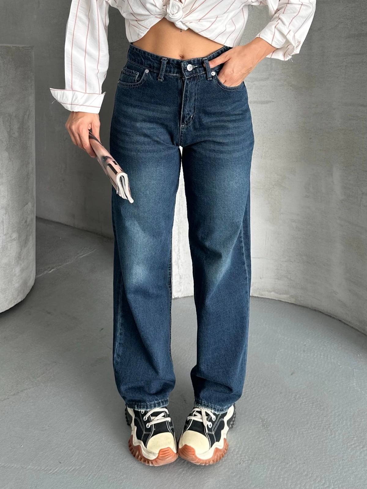 Palazzo bıyık enzim yıkama jeans pantolon koyu mavi d2008 - Lisinya