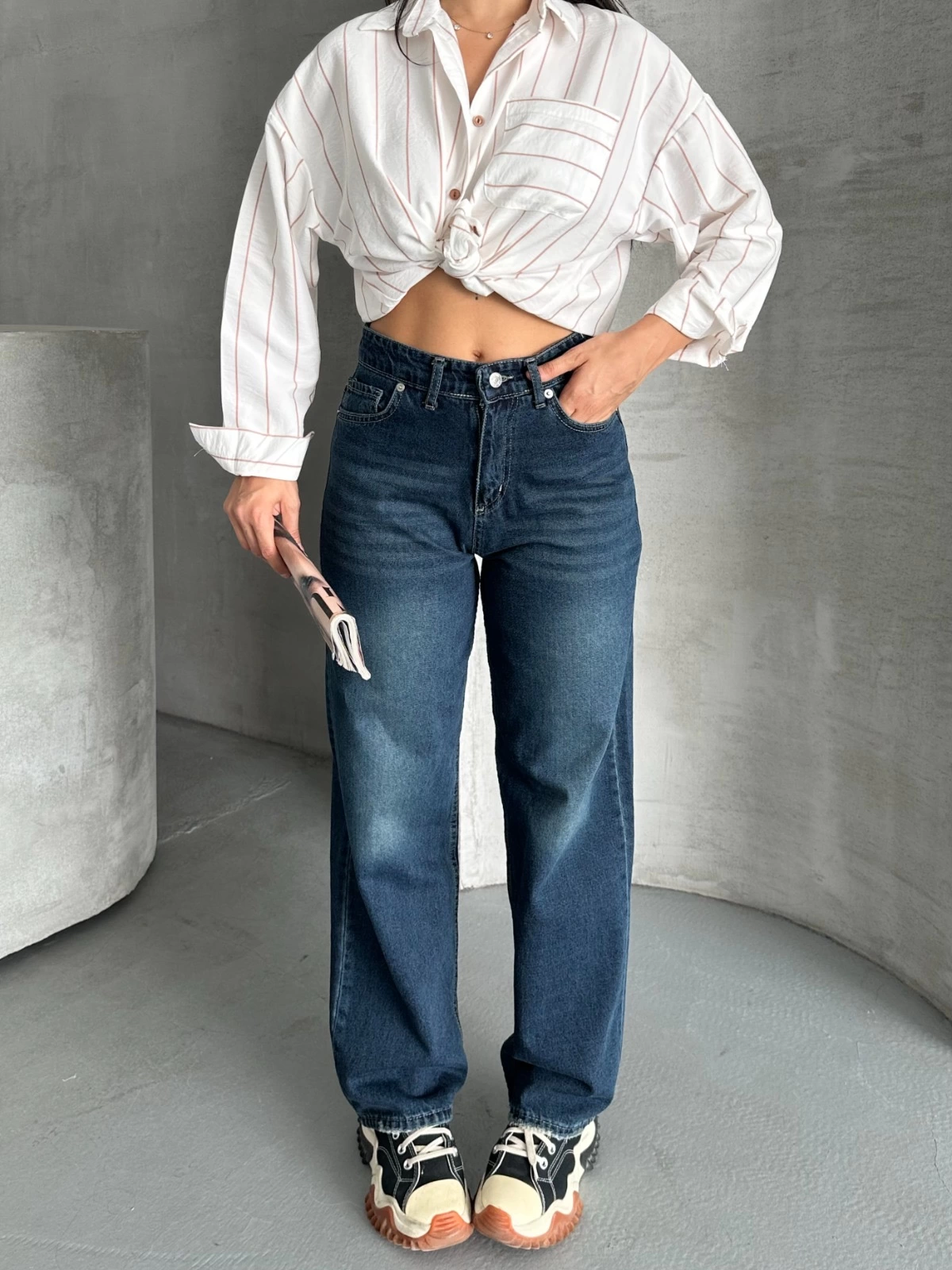 Palazzo bıyık enzim yıkama jeans pantolon koyu mavi d2008 - Lisinya