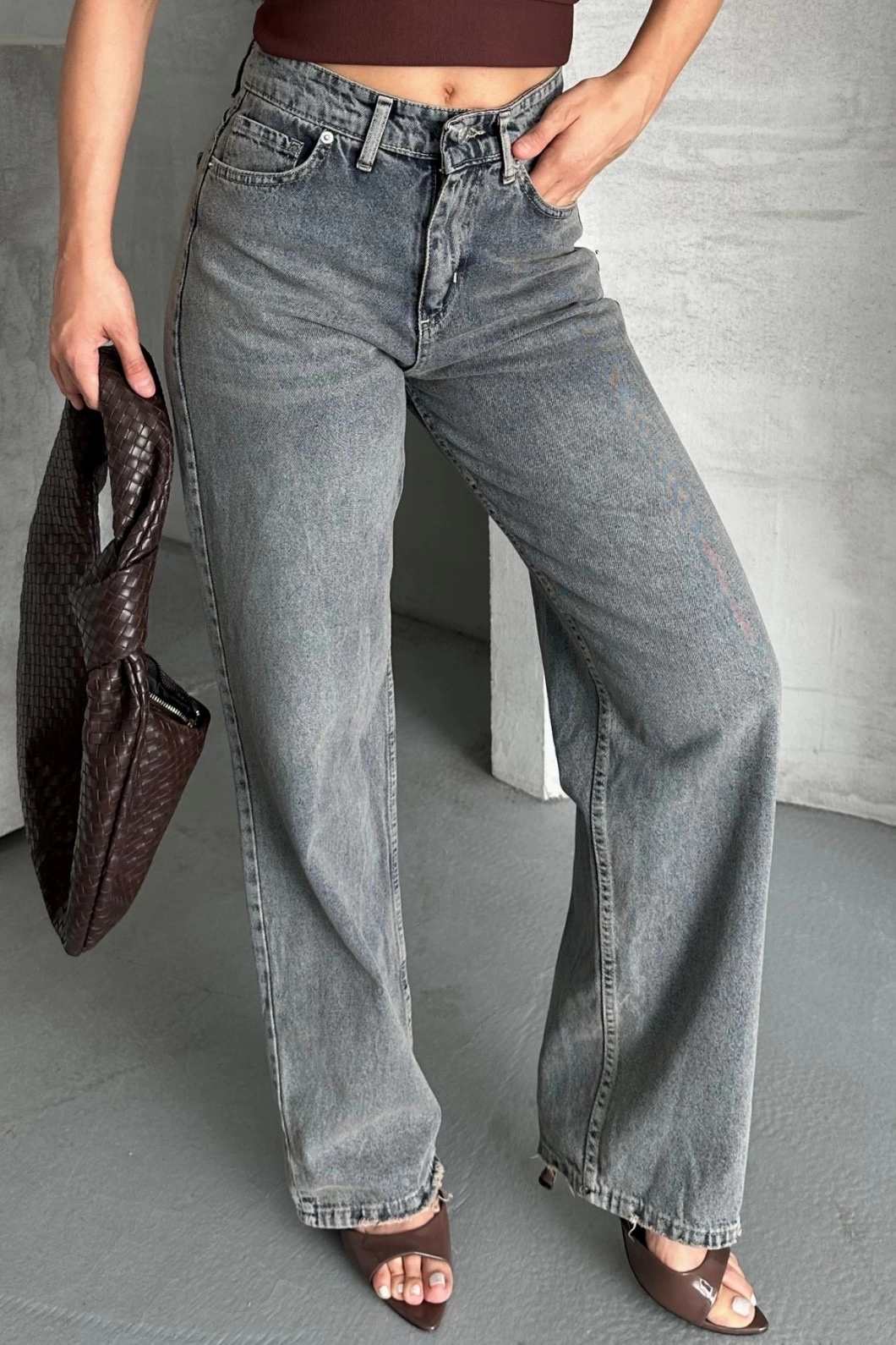 Palazzo bıyık kar yıkama buz mavi jeans pantolon d2008 - Lisinya