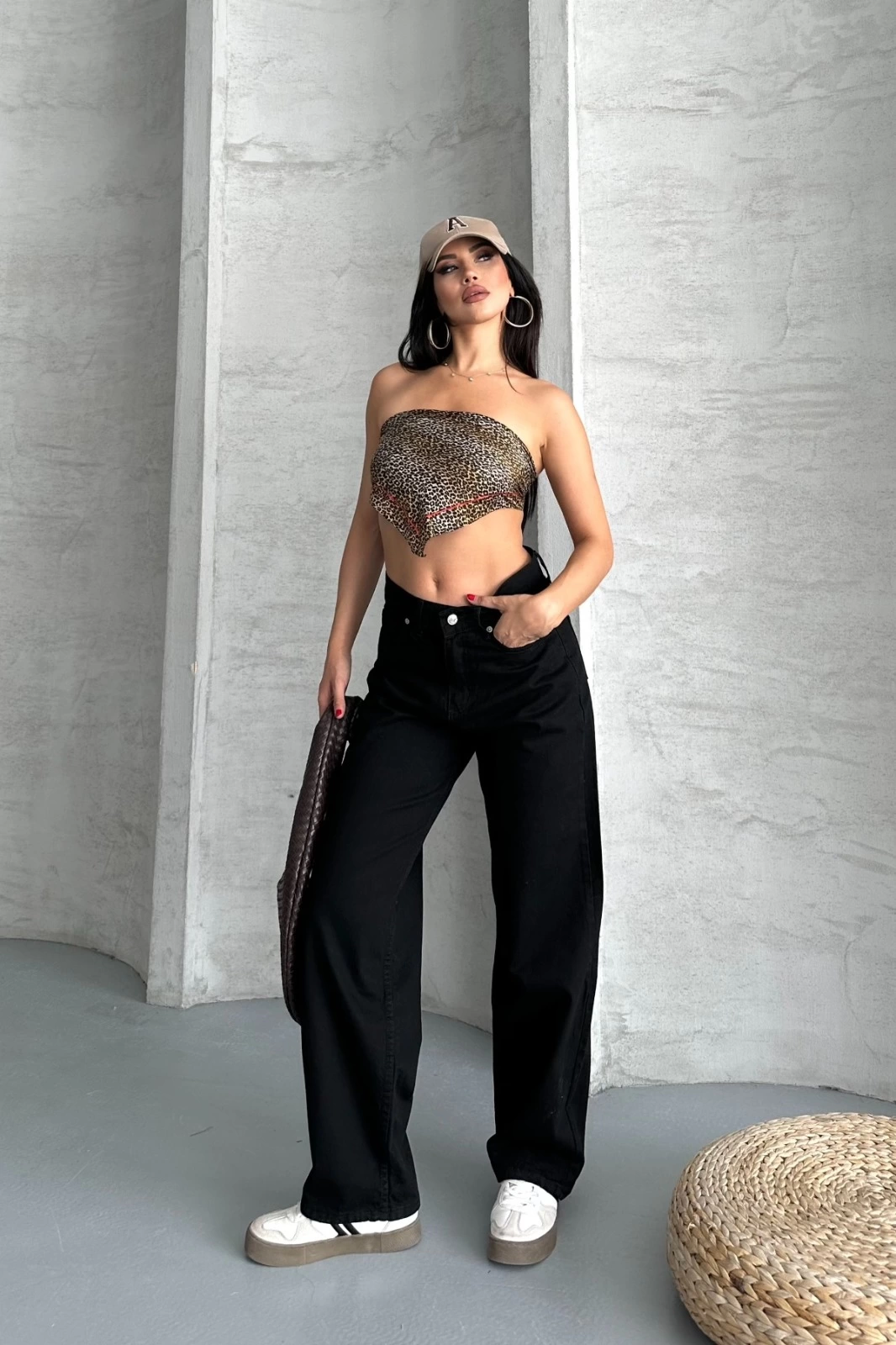 Palazzo straight enzim süper taş yıkama jeans pantolon siyah d2008 - Lisinya