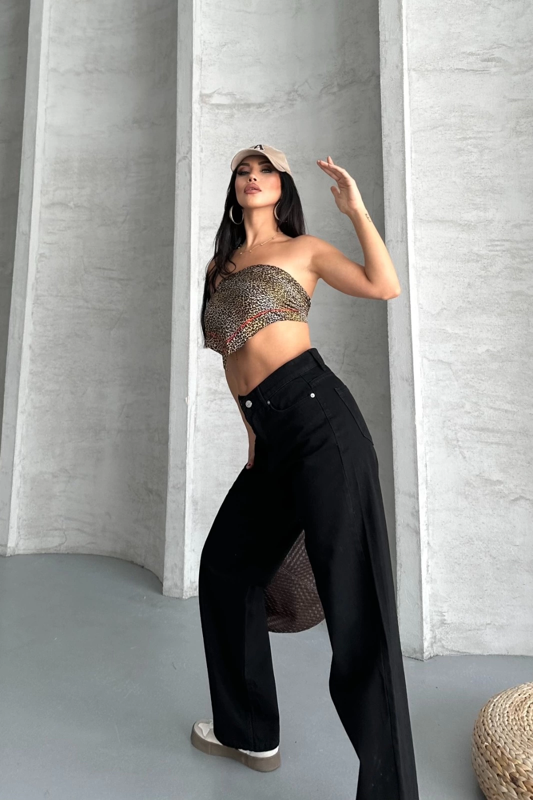 Palazzo straight enzim süper taş yıkama jeans pantolon siyah d2008 - Lisinya
