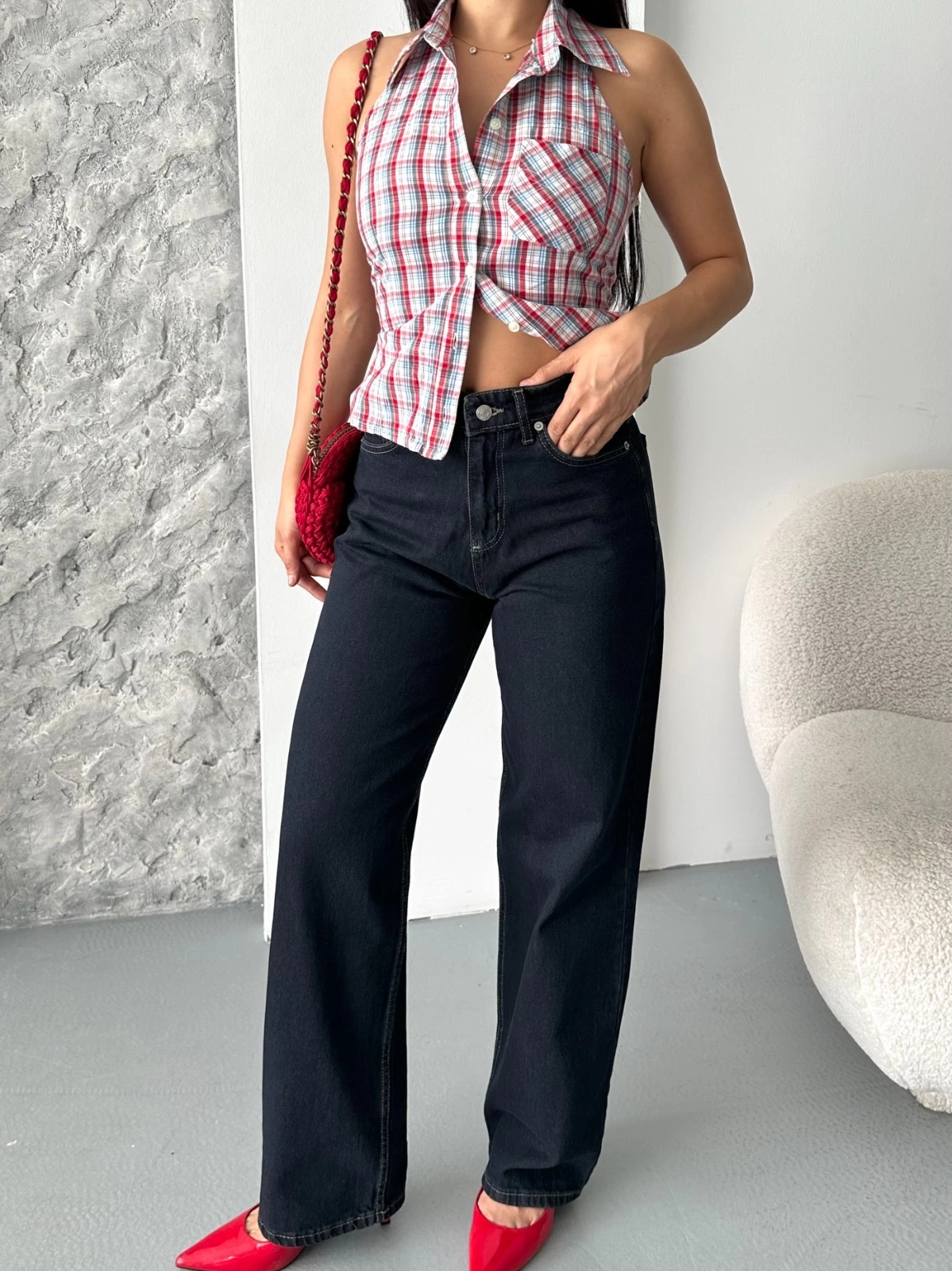 Palazzo süper taş enzim tint yıkama koyu lacivert jeans pantolon d2008 - Lisinya