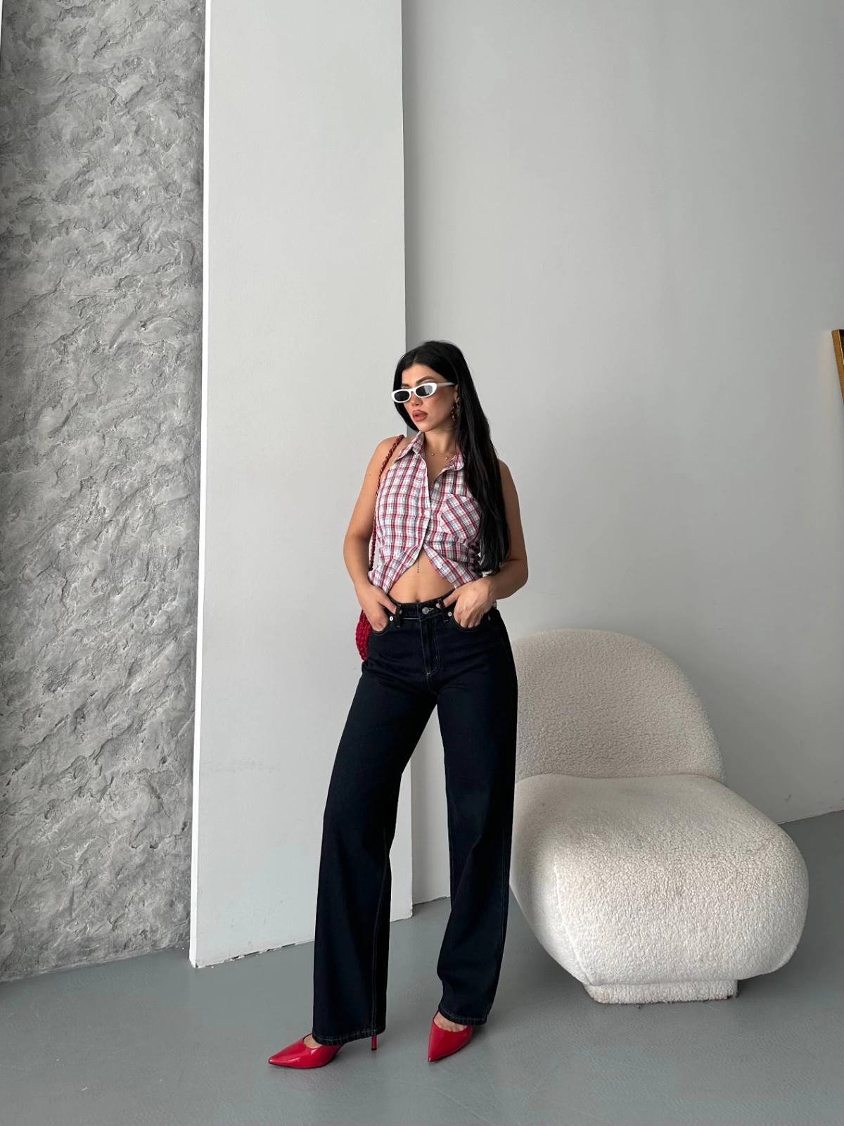 Palazzo süper taş enzim tint yıkama koyu lacivert jeans pantolon d2008 - Lisinya