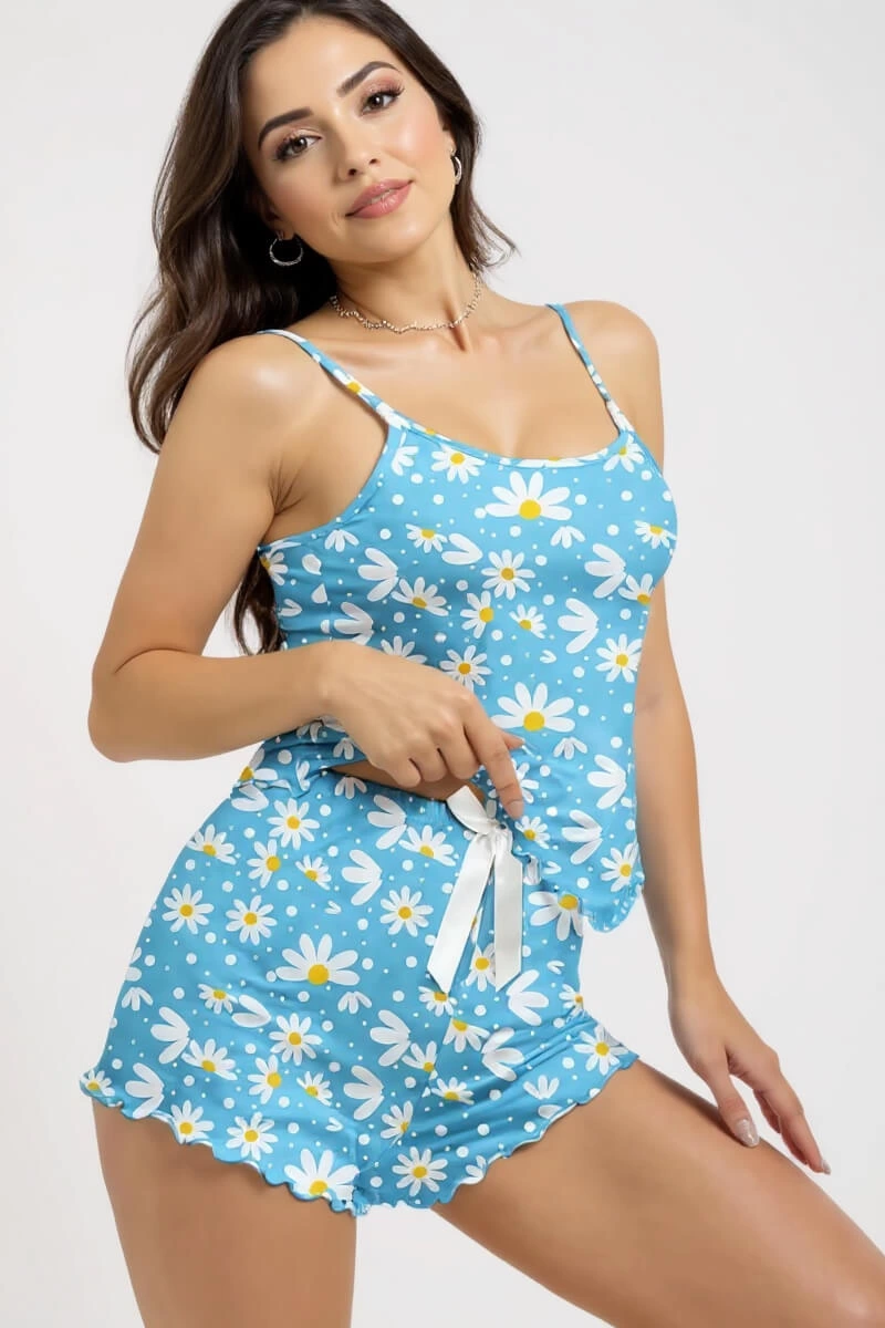 Baskılı Mavi Askılı Şortlu Pijama