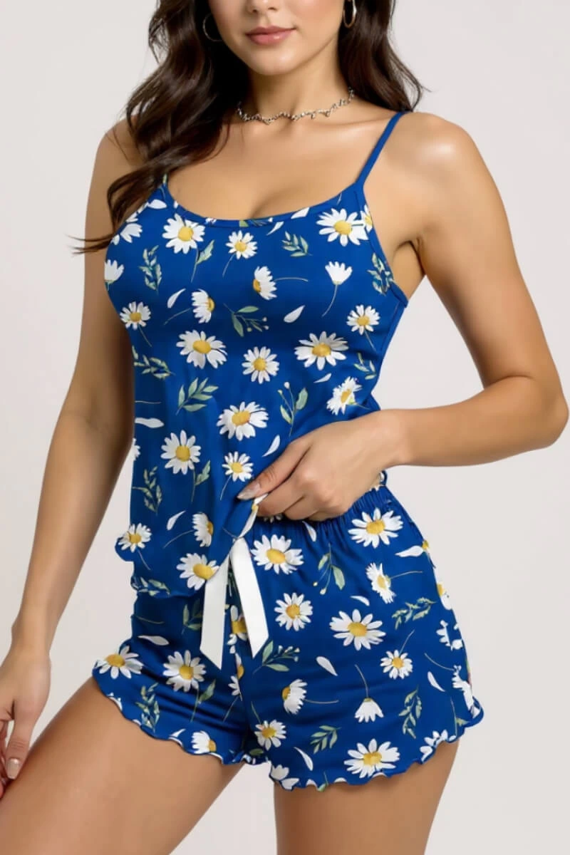 Desenli  Askılı Şortlu Pijama