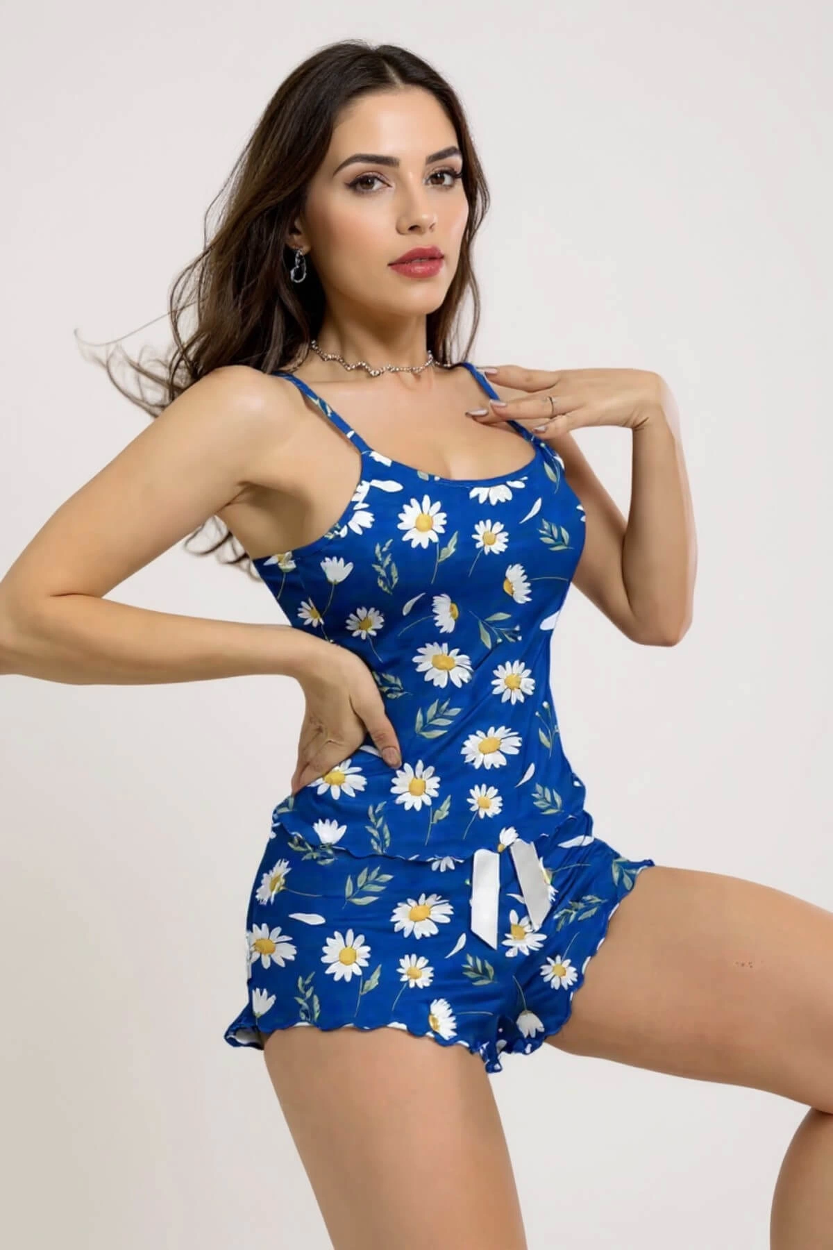 Desenli  Askılı Şortlu Pijama