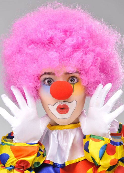 Pembe Renk Kıvırcık Afro Bonus Peruk Takma Saç ve Kırmızı Burun Seti (Lisinya)