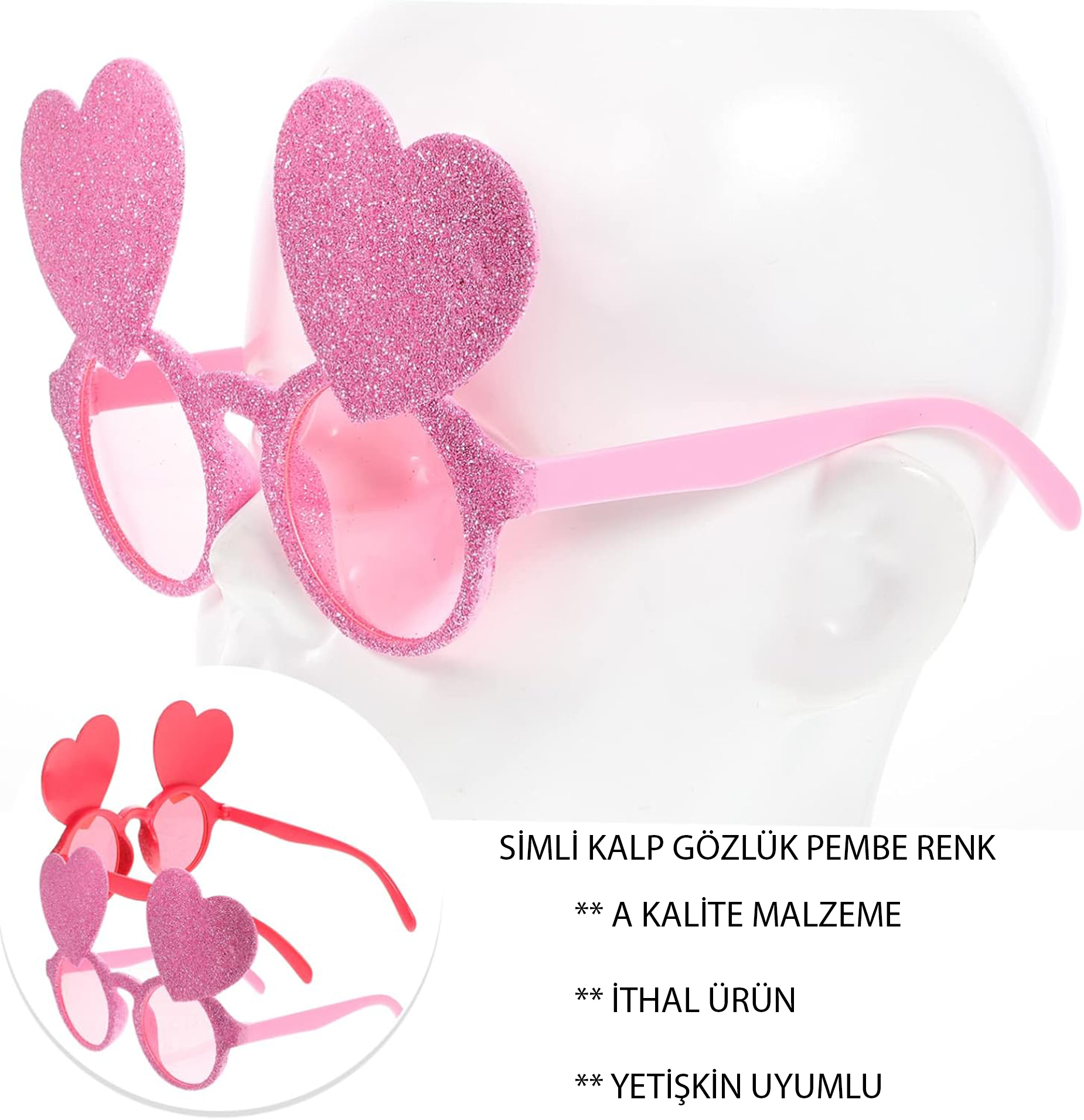 Pembe Renk Sim İşlenmiş Kalp Figürlü Parti Gözlüğü (Lisinya)