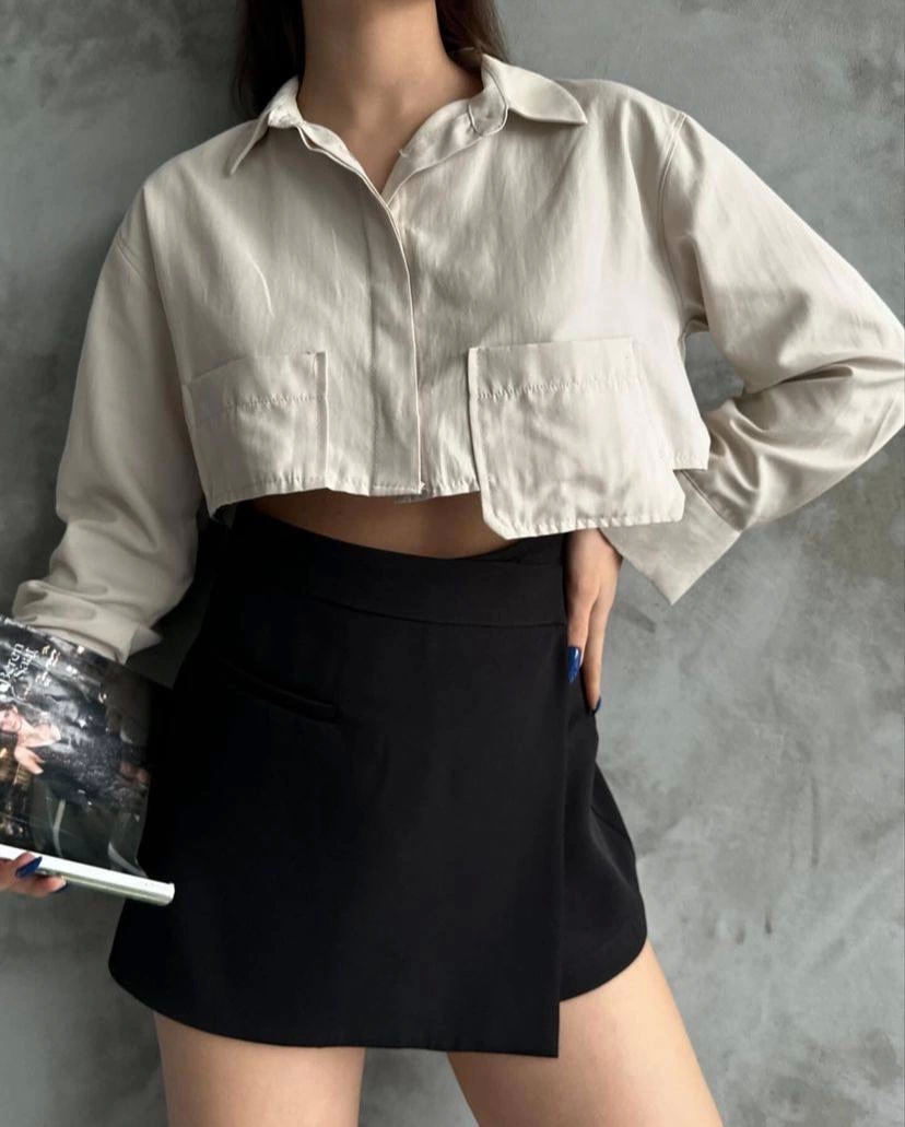 Poplin crop gömlek bej s3060 - Lisinya