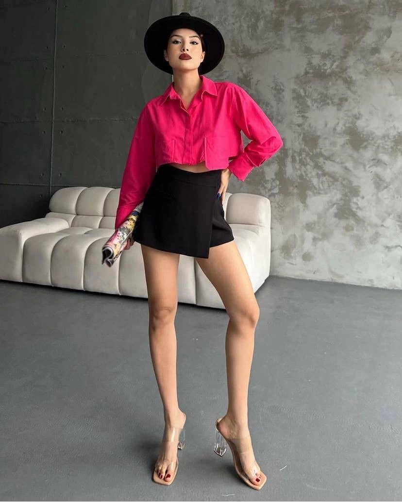 Poplin crop gömlek fuşya s3060 - Lisinya