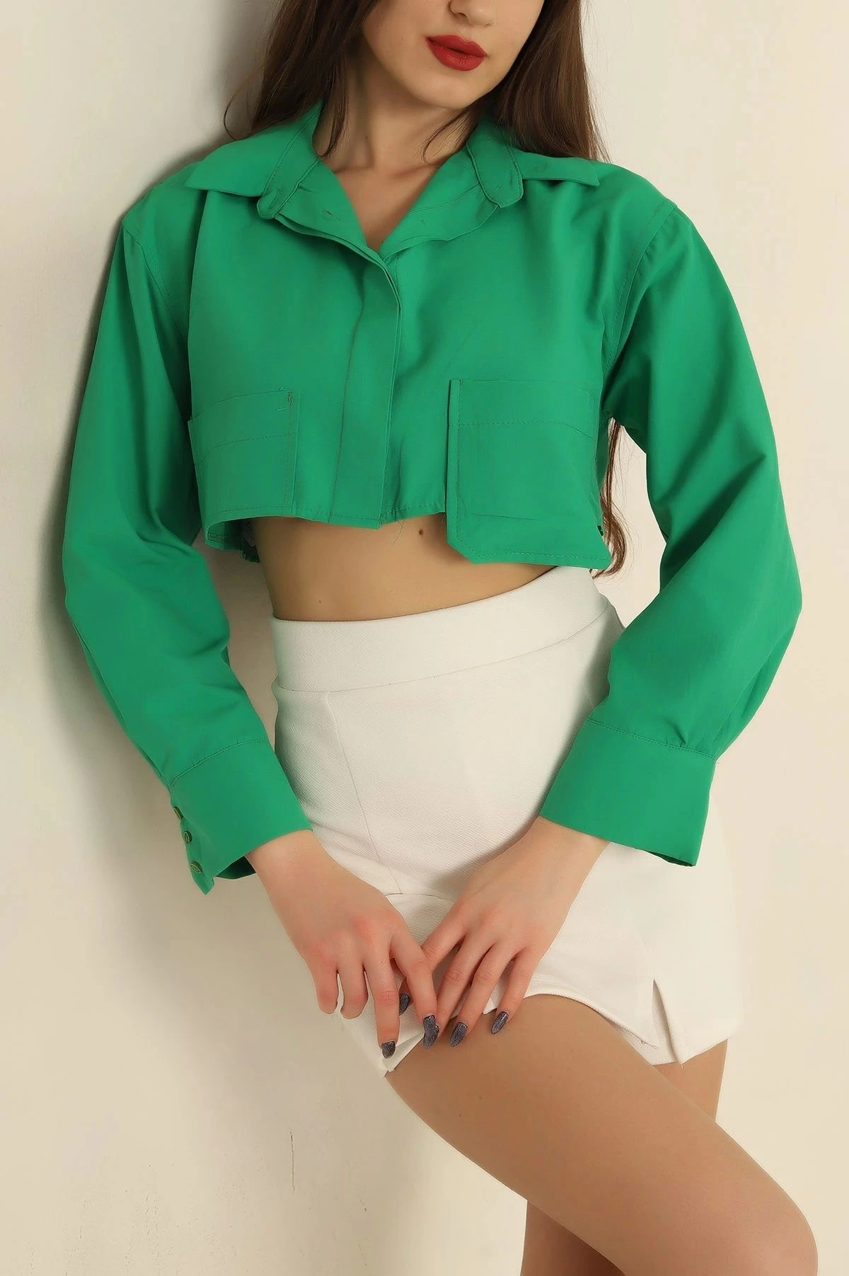 Poplin crop gömlek yeşil s3060 - Lisinya