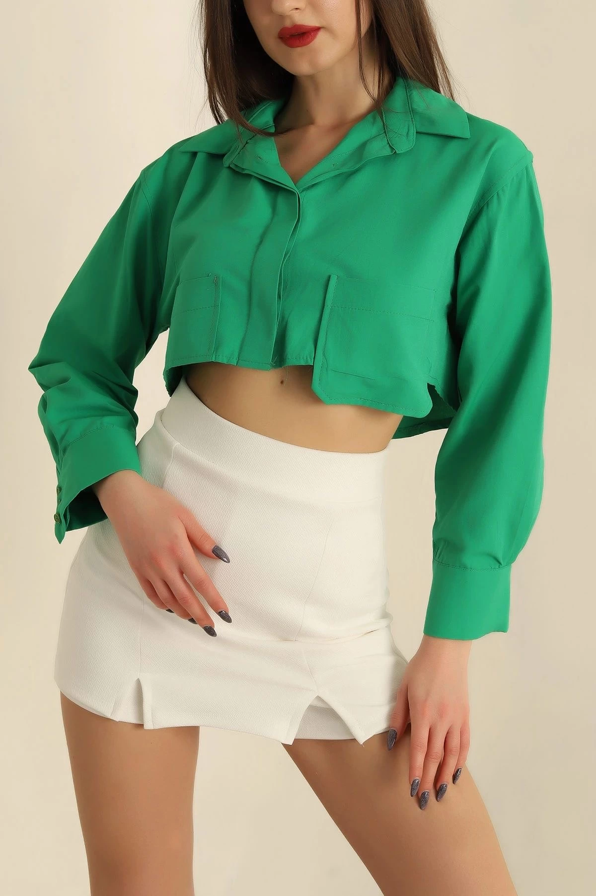 Poplin crop gömlek yeşil s3060 - Lisinya
