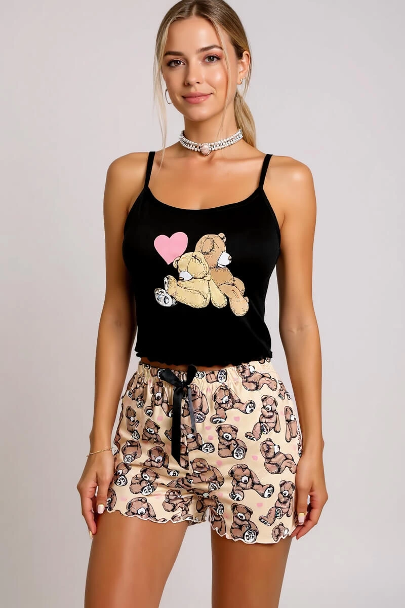 Ayıcık Desenli Askılı Şortlu Kadın Pijama