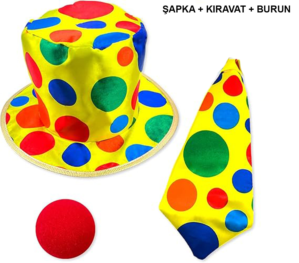 Renkli Palyaço Kostüm Seti – 3 Parça Aksesuar (Şapka, Kravat, Burun) Renkli Palyaço Kostüm Seti – 3 Parça Aksesuar (Şapka, Kravat, Burun)