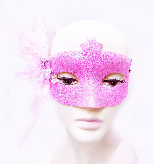 Sim İşlemeli İnci Boncuk Detaylı Tüylü Balo Maskesi Pembe Renk 13x18 cm (Lisinya)