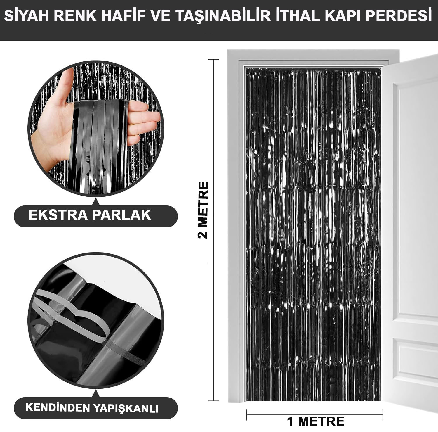 Siyah Renk Ekstra Metalize Parlak Saçaklı Arka Fon Perde İthal A Kalite 1x2 Metre (Lisinya)