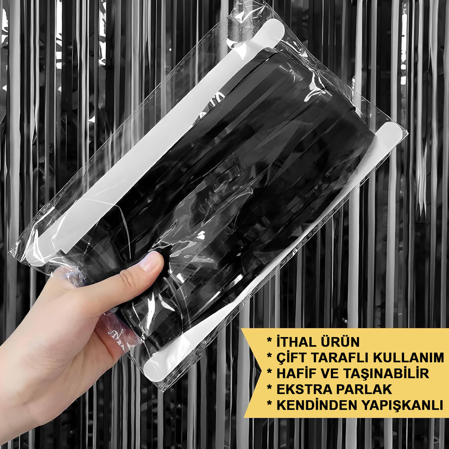 Siyah Renk Ekstra Metalize Parlak Saçaklı Arka Fon Perde İthal A Kalite 1x2 Metre (Lisinya)