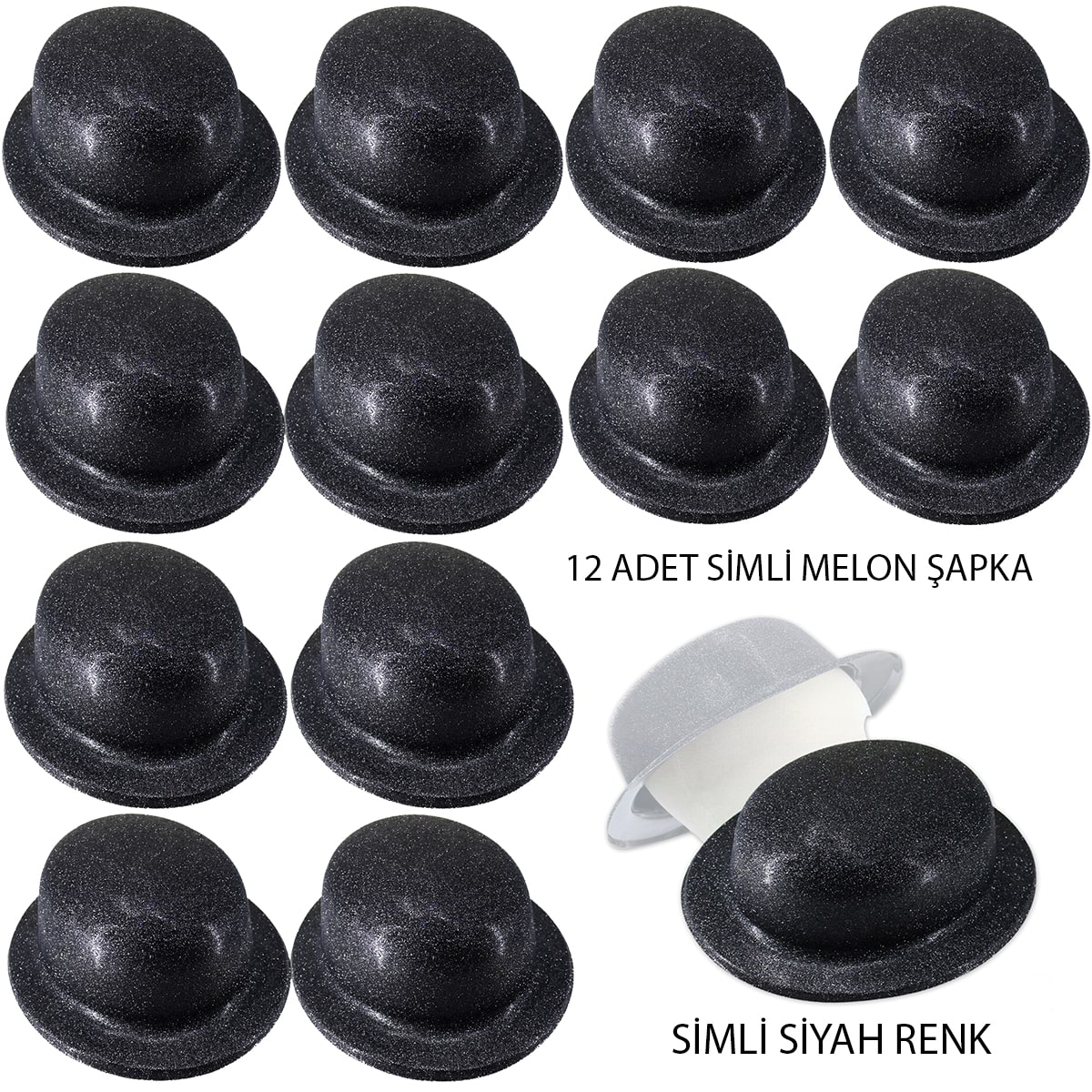 Siyah Renk Simli Melon Yuvarlak Parti Şapkası 12 Adet (Lisinya) Siyah Renk Simli Melon Yuvarlak Parti Şapkası 12 Adet (Lisinya)