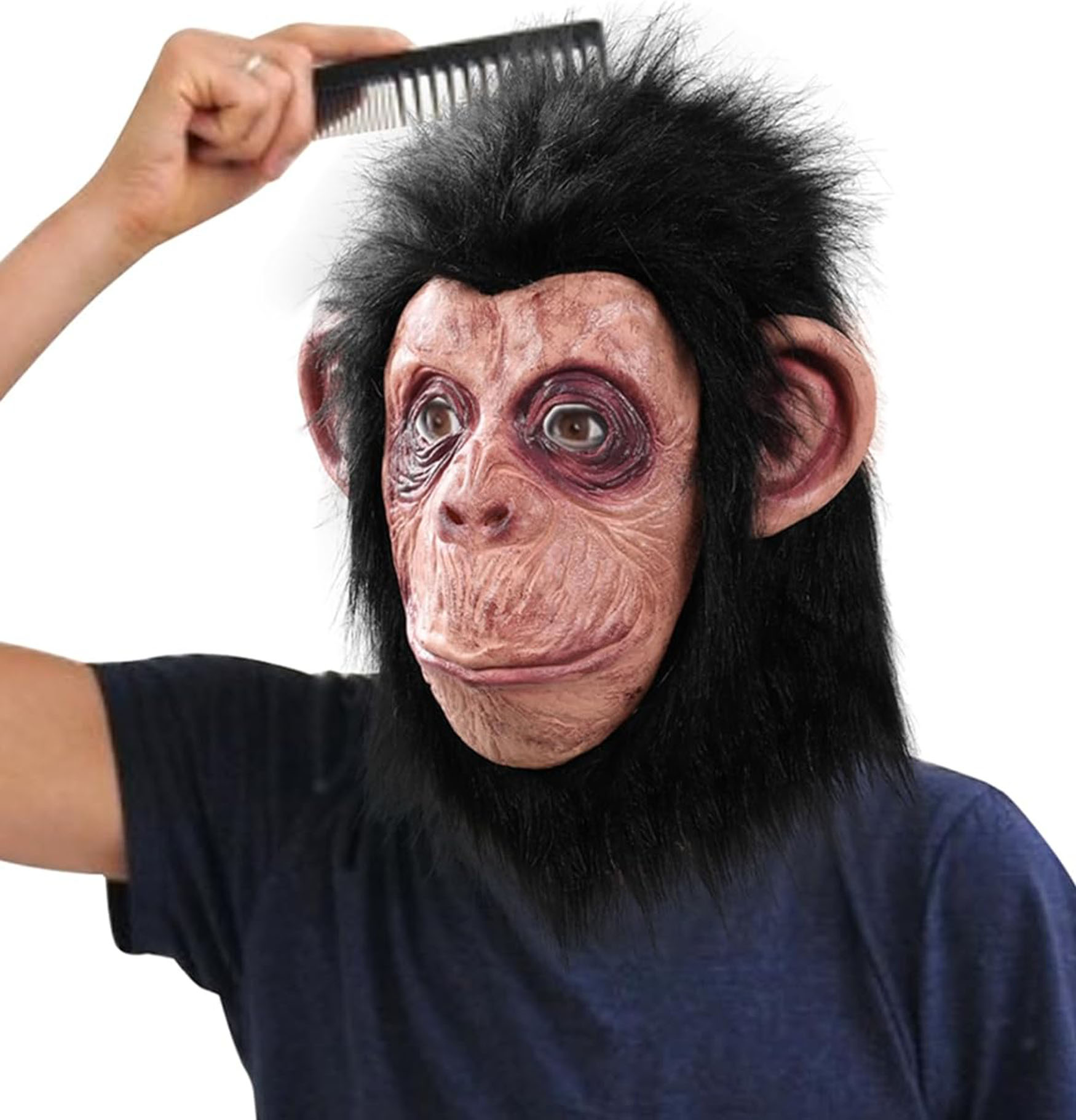 Siyah Saçlı Kafaya Tam Geçmeli Lateks Şempanze Maskesi - Lateks Maymun Orangutan Goril Maske Et Maske (Lisinya)