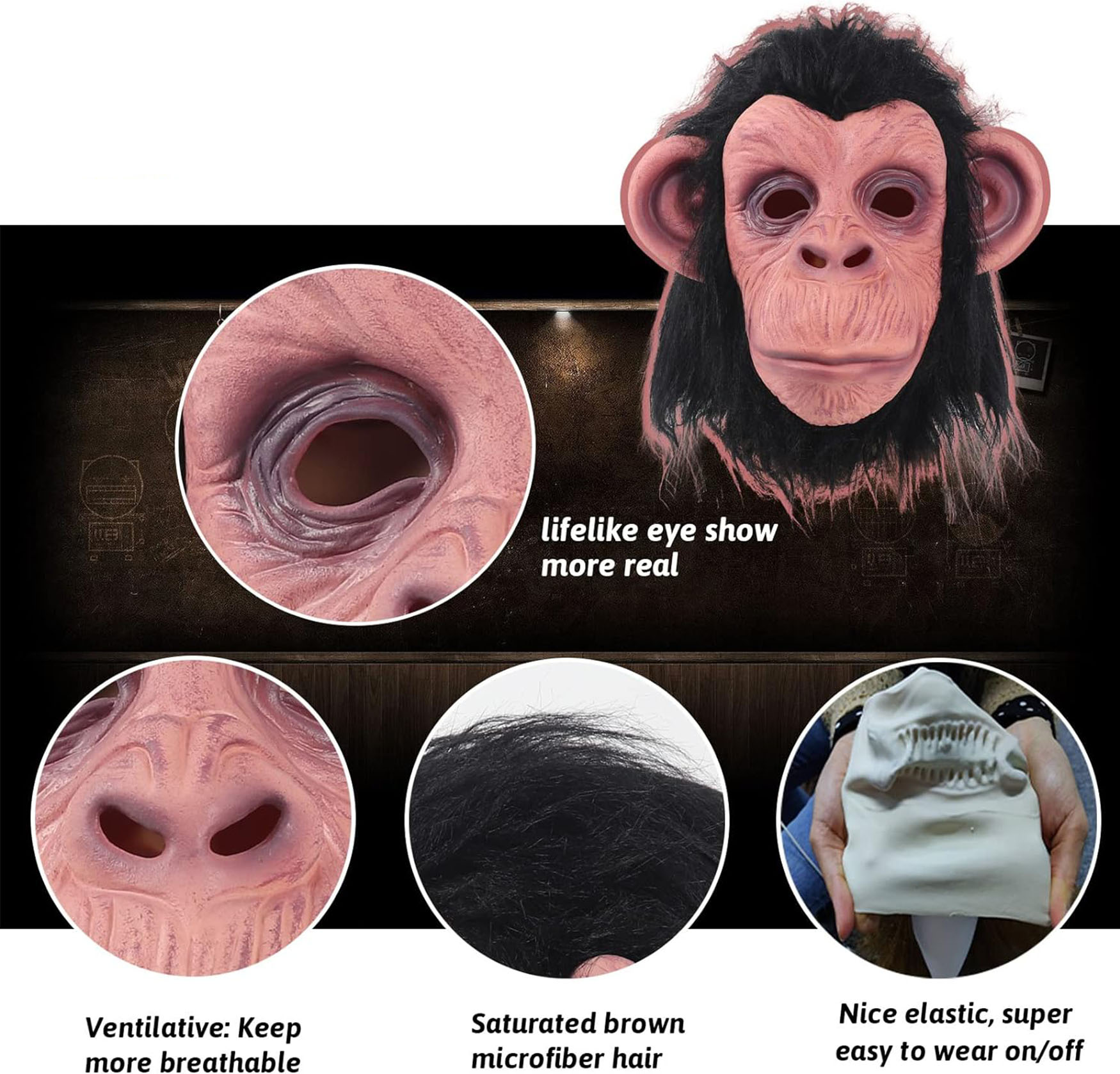 Siyah Saçlı Kafaya Tam Geçmeli Lateks Şempanze Maskesi - Lateks Maymun Orangutan Goril Maske Et Maske (Lisinya)