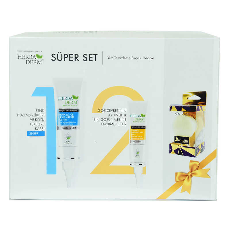 Lisinya214 Süper Set Renk Açıcı Leke Kremi 55 ML+Göz Altı Kremi 15 ML + Hediye Yüz Temizleme Fırçası