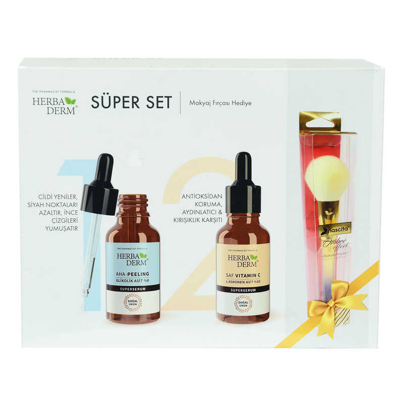 Lisinya214 Süper Set Superserum Aha-Peeling 30 ML + Saf Vitamin C 30 ML + Hediye Makyaj Fırçası